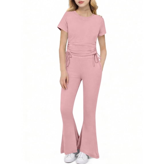 hoksml Girls Ribbed 2-Piece Outfit Ruched Drawstring Top and Flare Pants Set, Casual Summer Loungewear