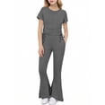 thumbnail image 1 of hoksml Girls Ribbed 2-Piece Outfit Ruched Drawstring Top and Flare Pants Set, Casual Summer Loungewear, 1 of 6