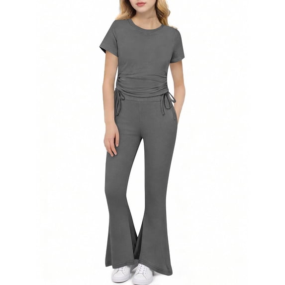 hoksml Girls Ribbed 2-Piece Outfit Ruched Drawstring Top and Flare Pants Set, Casual Summer Loungewear