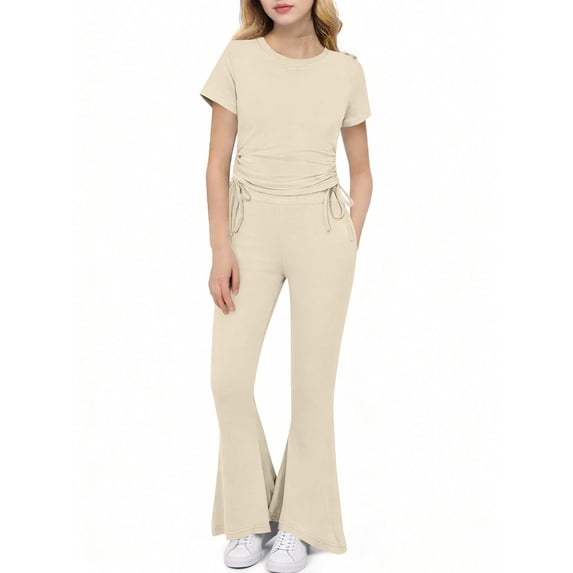 hoksml Girls Ribbed 2-Piece Outfit Ruched Drawstring Top and Flare Pants Set, Casual Summer Loungewear