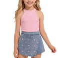 thumbnail image 1 of hoksml Girls' Ribbed Halter Top and Heart-Embroidered Denim Skort Set, Sleeveless Mock Neck Top with Pull-On Skort, 1 of 9