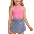 thumbnail image 1 of hoksml Girls' Ribbed Halter Top and Heart-Embroidered Denim Skort Set, Sleeveless Mock Neck Top with Pull-On Skort, 1 of 9