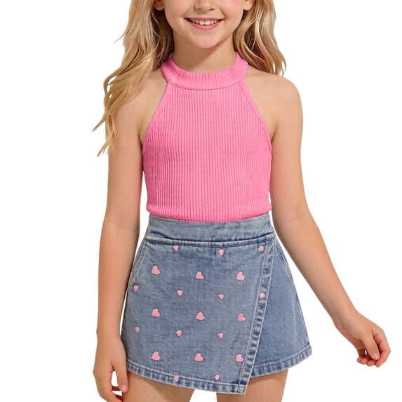 hoksml Girls' Ribbed Halter Top and Heart-Embroidered Denim Skort Set, Sleeveless Mock Neck Top with Pull-On Skort