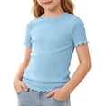 thumbnail image 1 of hoksml Girls Ribbed Short Sleeve T-Shirt, Crew Neck Lettuce Edge Fitted Top, Solid Color Tee for Kids, 1 of 8