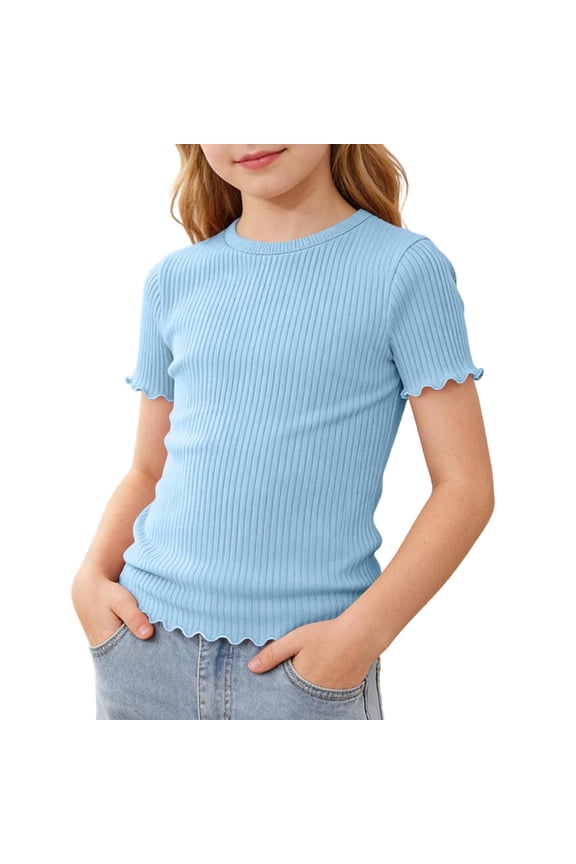 Girls Ribbed Short Sleeve T-Shirt, Crew Neck Lettuce Edge Fitted Top, Solid Color Tee for Kids