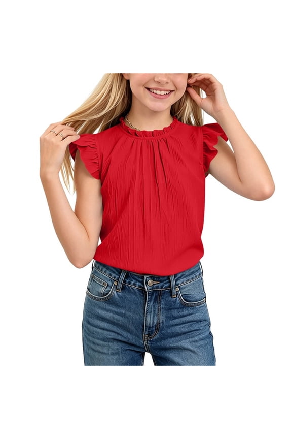 Girls Ruffle Neck Flutter Sleeve Blouse, Kids Casual Back to School Solid Color Top