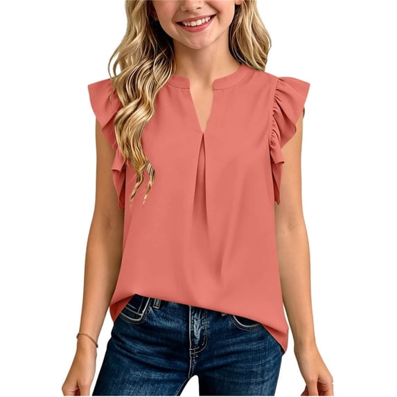 hoksml Girls Ruffle Sleeve V-Neck Blouse, Kids Casual Back to School Solid Color Flutter Sleeves Top