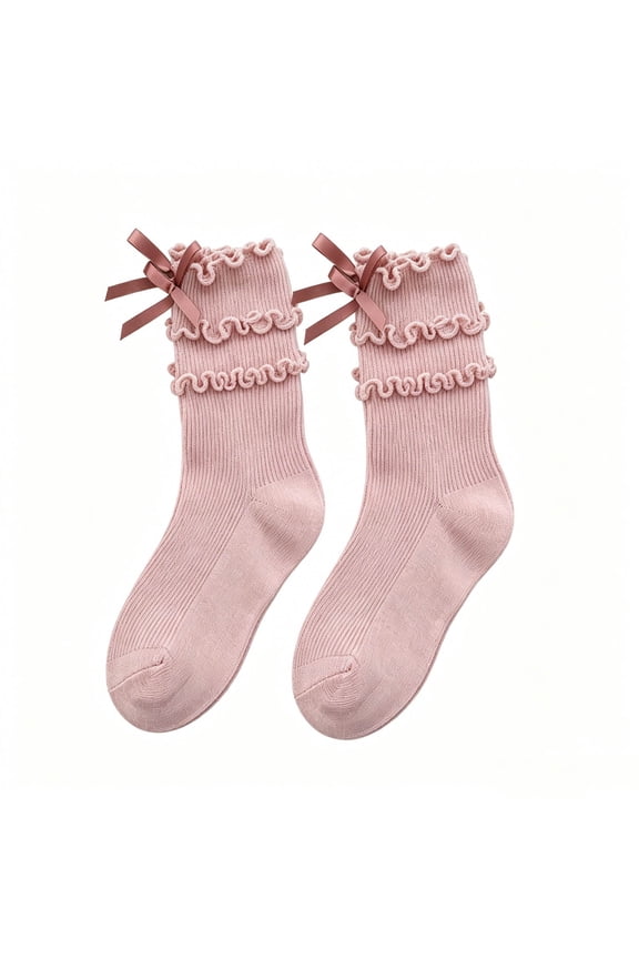 Girls Ruffled Bow Knee High Socks, Soft Stretchy Kids Frilly Ribbed Calf Socks for Toddler Little Girls School Dress Daily Wear