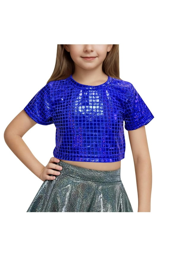 Girls' Sequin Grid Crop Top - Short Sleeve Sparkly Party Shirt for Dance and Performances