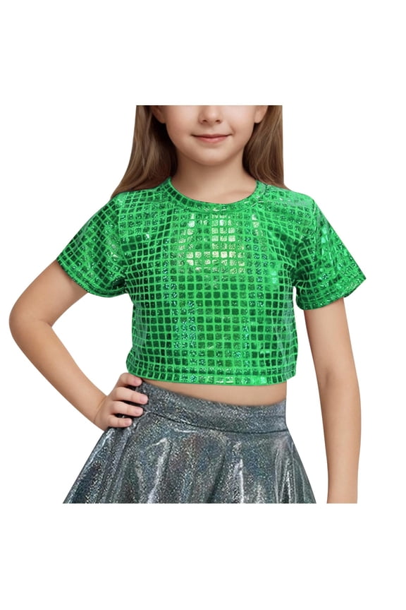 Girls' Sequin Grid Crop Top - Short Sleeve Sparkly Party Shirt for Dance and Performances