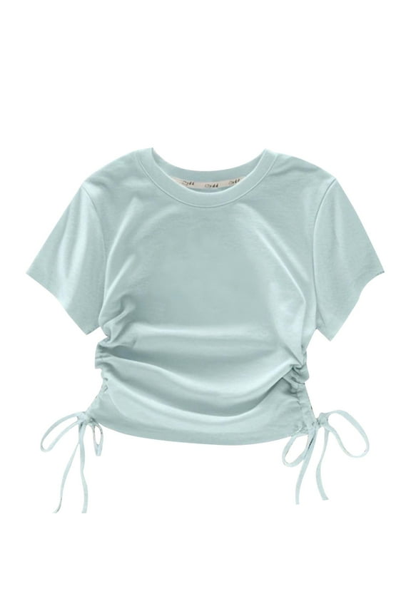 Girls Short Sleeve Crew Neck T Shirt with Side Drawstring Ruched Casual Crop Top