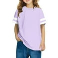 thumbnail image 1 of hoksml Girls Short Sleeve Crew Neck T Shirt with Striped Cuffs Casual Solid Color Oversized Top Perfect for Daily Wear and School, 1 of 7