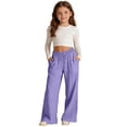 thumbnail image 1 of hoksml Girls Solid Color Cotton Linen Wide Leg Pants, Kids Elastic Waist Drawstring Trousers with Pockets, 1 of 8
