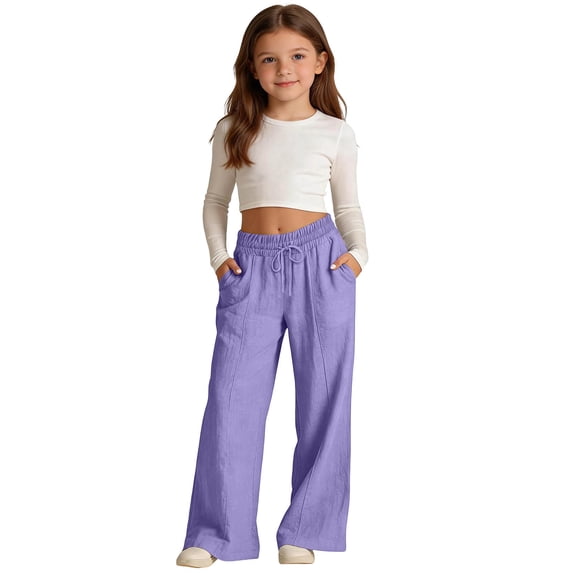 hoksml Girls Solid Color Cotton Linen Wide Leg Pants, Kids Elastic Waist Drawstring Trousers with Pockets