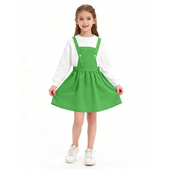 hoksml Girls' Solid Color Pinafore Dress, Adjustable Strap A-Line Overall Dress for Casual and School Wear