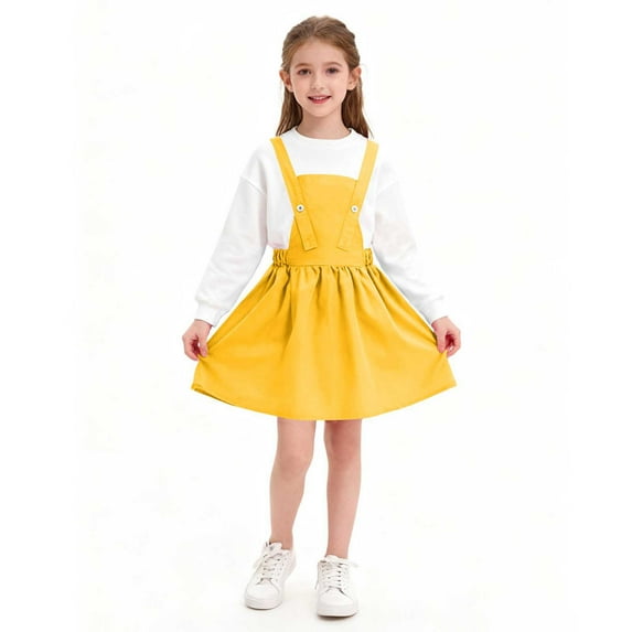 hoksml Girls' Solid Color Pinafore Dress, Adjustable Strap A-Line Overall Dress for Casual and School Wear