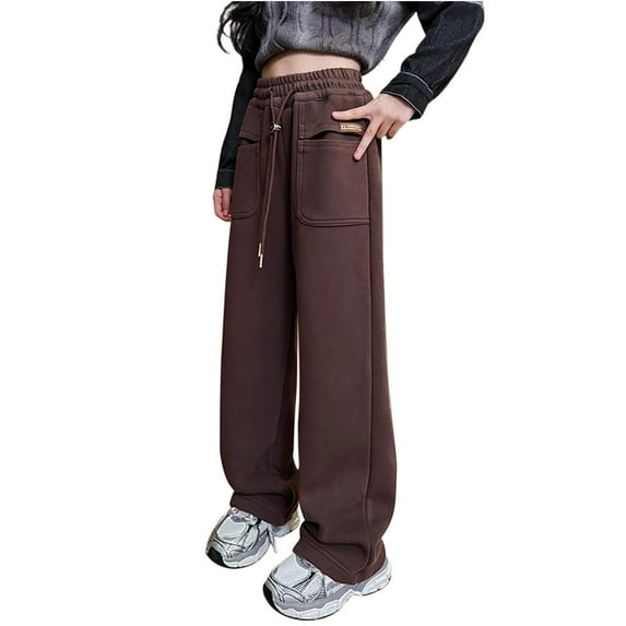 hoksml Girls Solid Color Sweatpants Casual Relaxed Pockets Straight Leg Pants with Adjustable Drawstring Waist