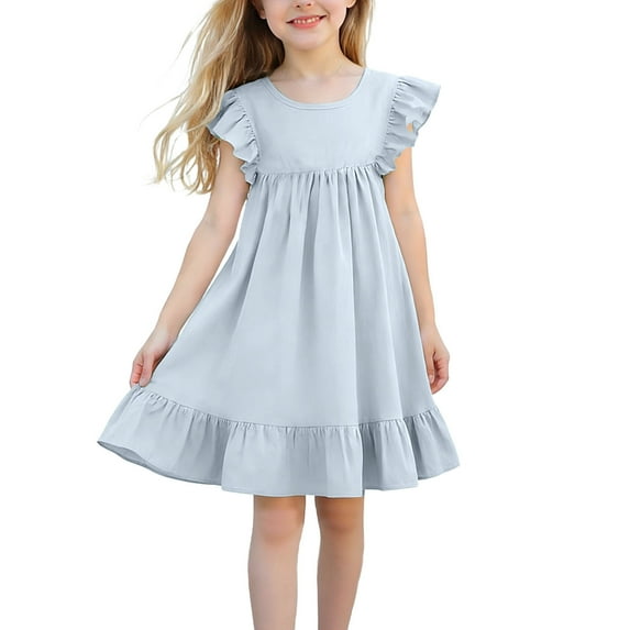 hoksml Girls' Solid Flutter Sleeve Dress, Crew Neck with Ruffled Hem and Back Tie Closure for Summer Casual Wear