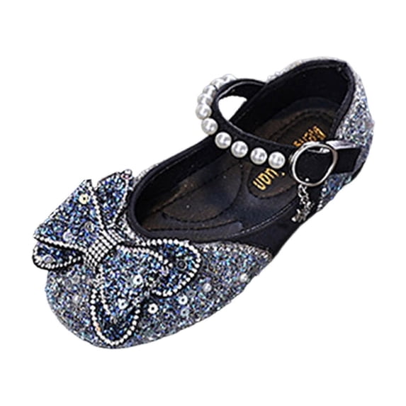 hoksml Girls Sparkly Rhinestone Bow Mary Jane Flats with Pearl Ankle Strap, Glitter Princess Dress Shoes for Wedding Party and Pageant Occasions