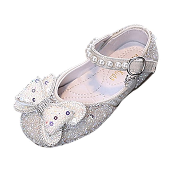 hoksml Girls Sparkly Rhinestone Bow Mary Jane Flats with Pearl Ankle Strap, Glitter Princess Dress Shoes for Wedding Party and Pageant Occasions