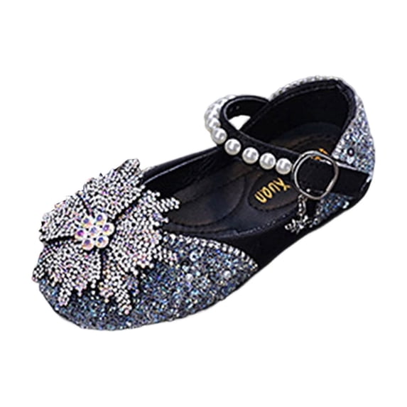 hoksml Girls Sparkly Rhinestone Floral Mary Jane Flats with Pearl Strap, Glitter Princess Dress Shoes for Wedding and Party Wear