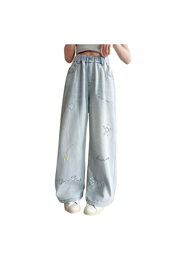 Girls Star Sequined Denim Pants High-waisted Wide-leg Jeans Comfortable Elastic Waistband Loose Casual Pants with Pockets