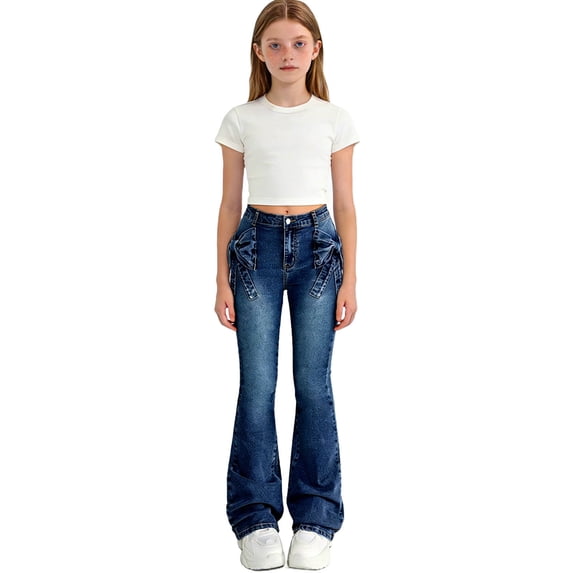 hoksml Girls' Stretch Denim Flared Jeans with 3D Bow - Elastic Tapered Washed Blue Jean Pants for Teen Kids, Button and Zipper Closure