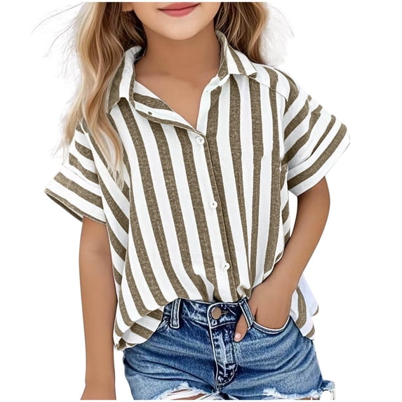 hoksml Girls' Striped Button-Down Shirt - Short Sleeve Collared Casual Top for Summer and Everyday Wear