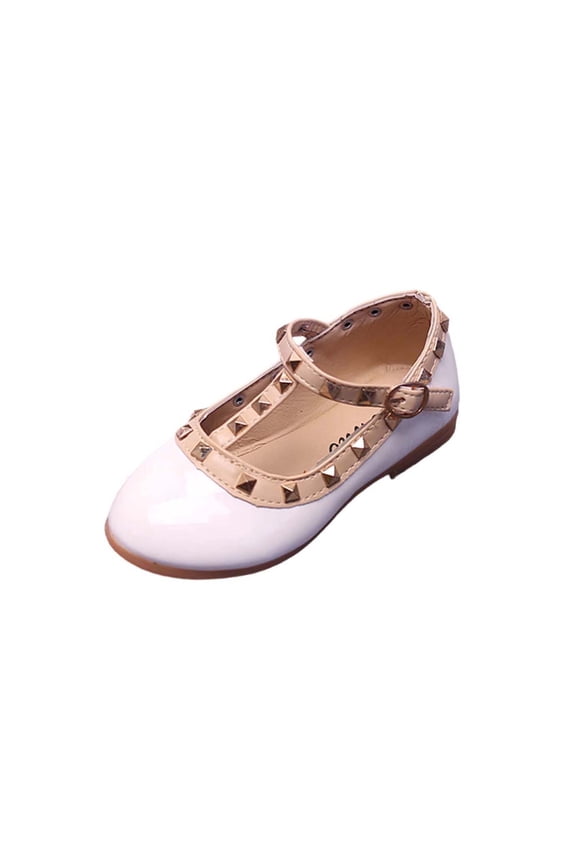 Girls Studded Patent Leather Mary Jane Flats, Gold Pyramid Stud Decor Adjustable Strap Shoes for Casual and Party Wear