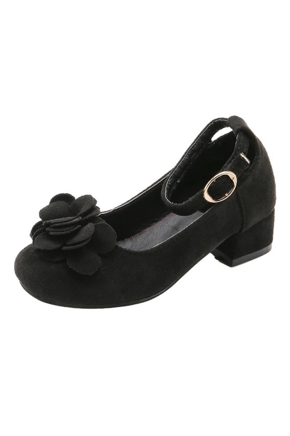 Girls Suede Block Heel Pumps with Flower Toddler Little Kid Dress Shoes for Party Wedding