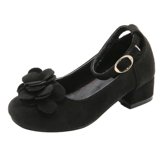hoksml Girls Suede Block Heel Pumps with Flower Toddler Little Kid Dress Shoes for Party Wedding