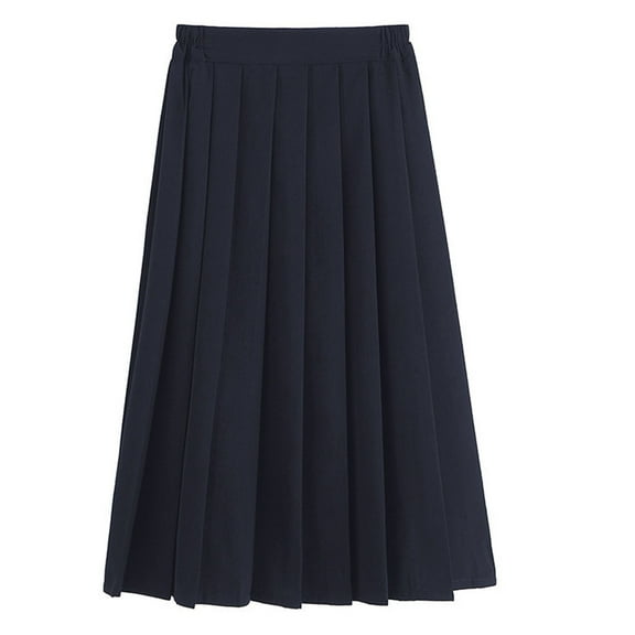 hoksml Girls Uniform Skirts Junior Solid Pleated Mid Length Skirt College Style Elastic High Waist Student Flowing Skirt