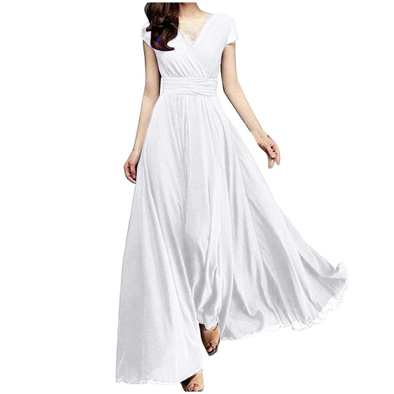 Chiffon Short sleeve White Maxi V neck Evening Dresses Chiffon Short sleeve White Maxi V neck Evening Dresses