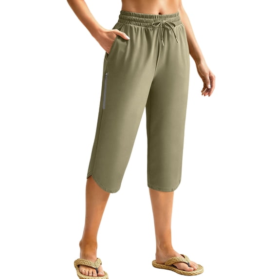 hoksml High Waist Knee Length Pants for Women, Stretchy Drawstring Workout Capris with Zipper Pockets