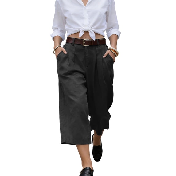 hoksml High Waist Pleated Capri Pants for Women, Solid Linen Wide Leg Beach Cropped Pant