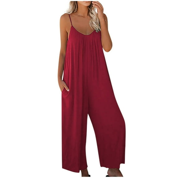hoksml Jumpsuits for Women Summer Clearance Women's Casual Loose Solid Sleeveless V Neck Jumpsuits Adjustable Spaghetti Strap Stretchy Long Wide Leg Pants Romper Jumpsuit with Pockets