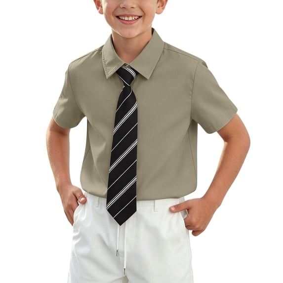 hoksml Kids Button Down Shirt with Tie, Boys and Girls Short Sleeve Collared Uniform Top, Preppy Style School Shirt for Back to School