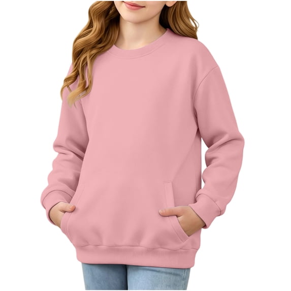hoksml Kids Crew Neck Sweatshirt Solid Color Pullover with Pockets Long Sleeve for Fall Winter Daily Wear Comfort