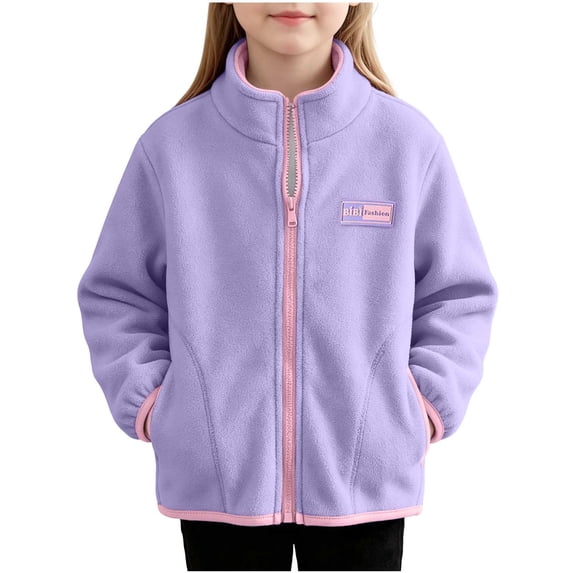 hoksml Kids Fleece Zip Up Jacket Stand Collar Solid Color Warm Casual Long Sleeve for Daily School Active Comfort