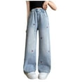 thumbnail image 1 of hoksml Kids' Girls (5-15Y) Cherry Print Denim Pants Loose Elastic Waist Jeans Casual Straight-leg Pants with Pockets, 1 of 9