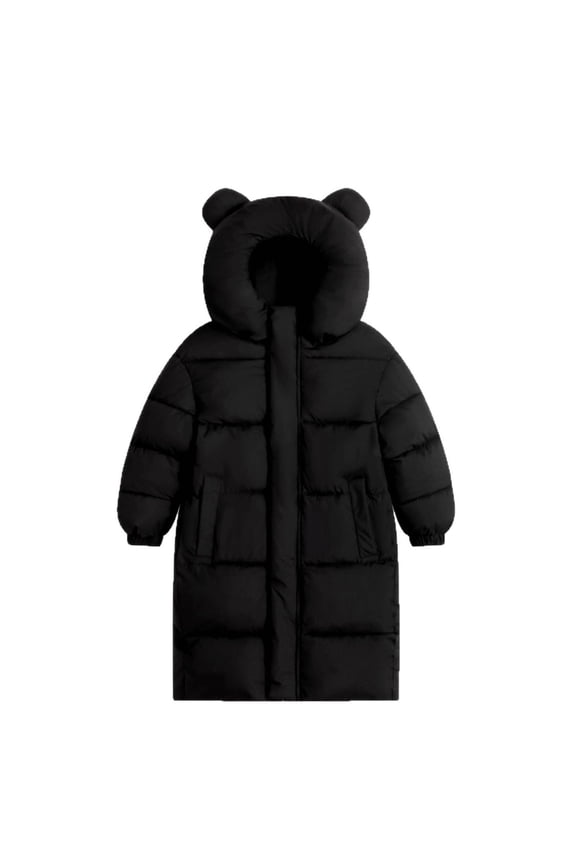 Kids Long Black Puffer Coat Boys and Girls Winter Hooded Jacket Thickened Warm Down Alternative Knee-Length Jacket (2-12 Years)