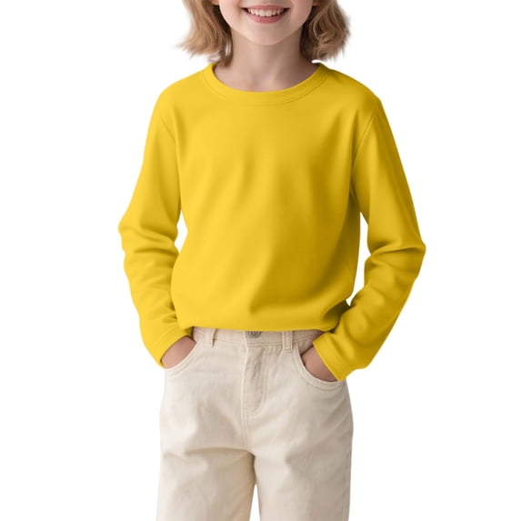 hoksml Kids Long Sleeve Crew Neck Shirt Solid Color Soft Casual Top for School and Everyday Wear