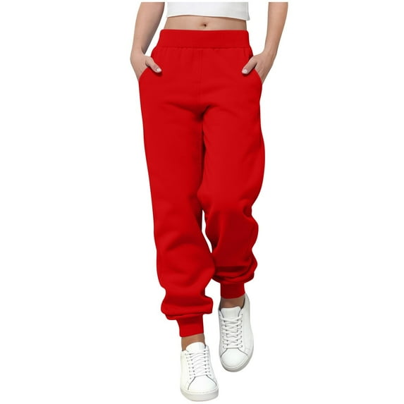 hoksml Kids Pants Girls Solid Color Elastic Waistband Sweatpants Ankle Binding Sports Pants Mid Size Casual Outerwear Pants with Pockets (0-13)