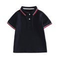 thumbnail image 1 of hoksml Kids Short Sleeve Striped Trim Collared Shirt Soft Casual Top with 2 Button Placket for School Uniforms and Everyday Wear, 1 of 5
