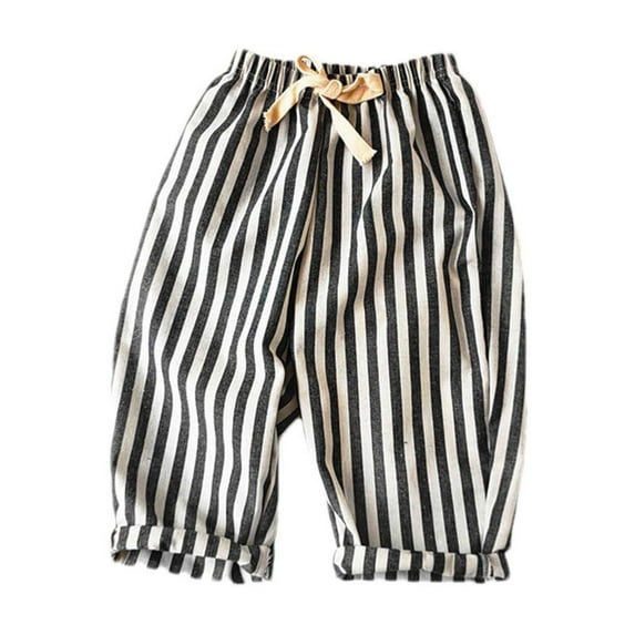 hoksml Kids Striped Linen Blend Pants Summer Drawstring Elastic Waist Puff Pants with Ruffled Hem Multi Color Casual Trousers