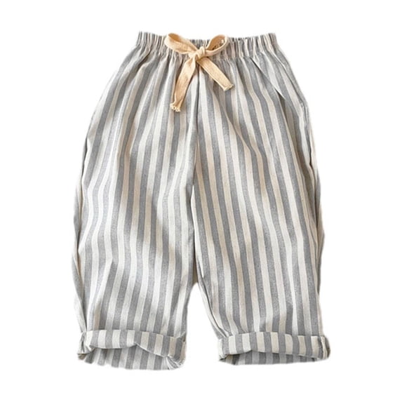 hoksml Kids Striped Linen Blend Pants Summer Drawstring Elastic Waist Puff Pants with Ruffled Hem Multi Color Casual Trousers