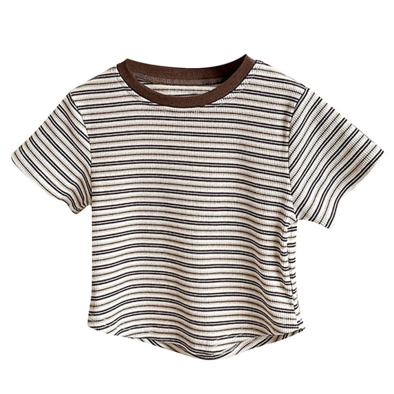 hoksml Kids' Striped Short Sleeve T-Shirts Contrast Crew Neck Ribbed Knit Tees Summer Casual Tops for Boys and Girls Daily Wear