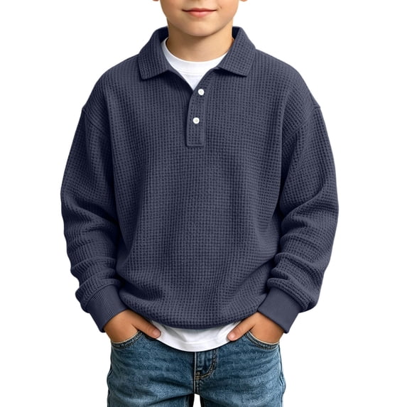 hoksml Kids Waffle Knit Button Collared Pullover Solid Long Sleeve Casual Fall Winter Top for Daily Comfort