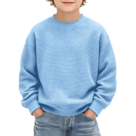 hoksml Kids Waffle Knit Crew Neck Pullover Solid Long Sleeve Casual Fall Winter Sweatshirt for Daily Comfort