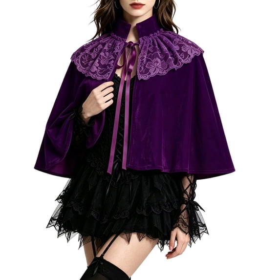 hoksml Lace Collar Velvet Short Cape Gothic Vampire Cloak Halloween Cosplay Shawl for Party Dress Up Role Play Themed